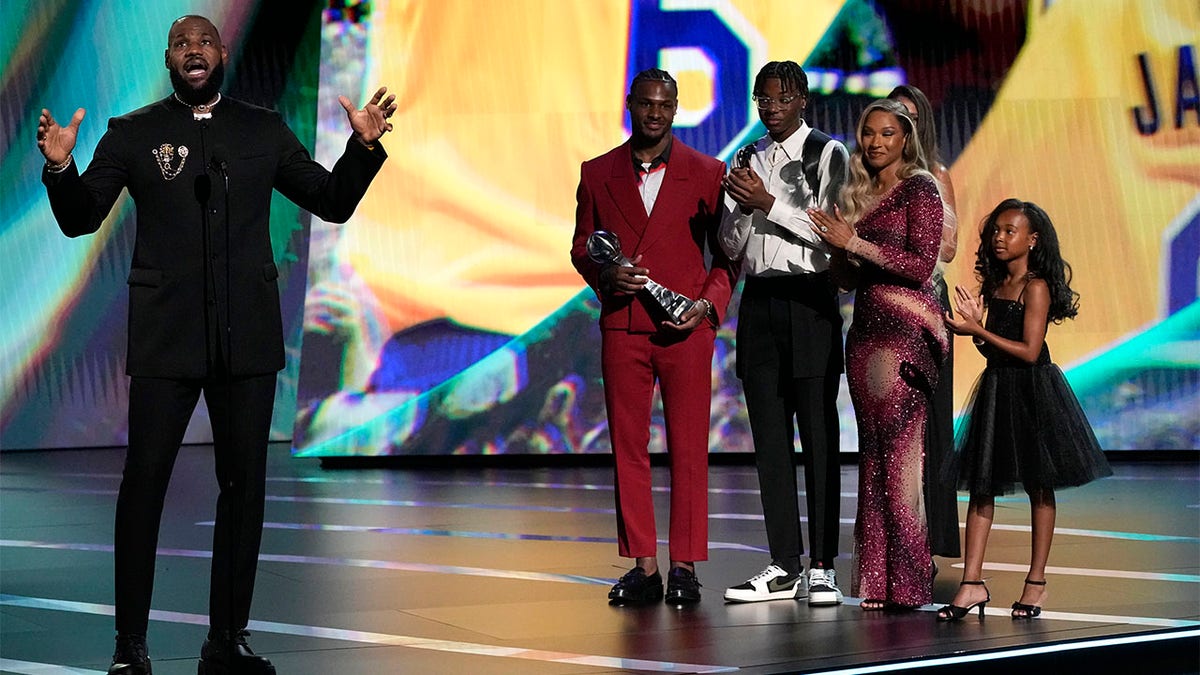LeBron James accepts an award at the ESPYs
