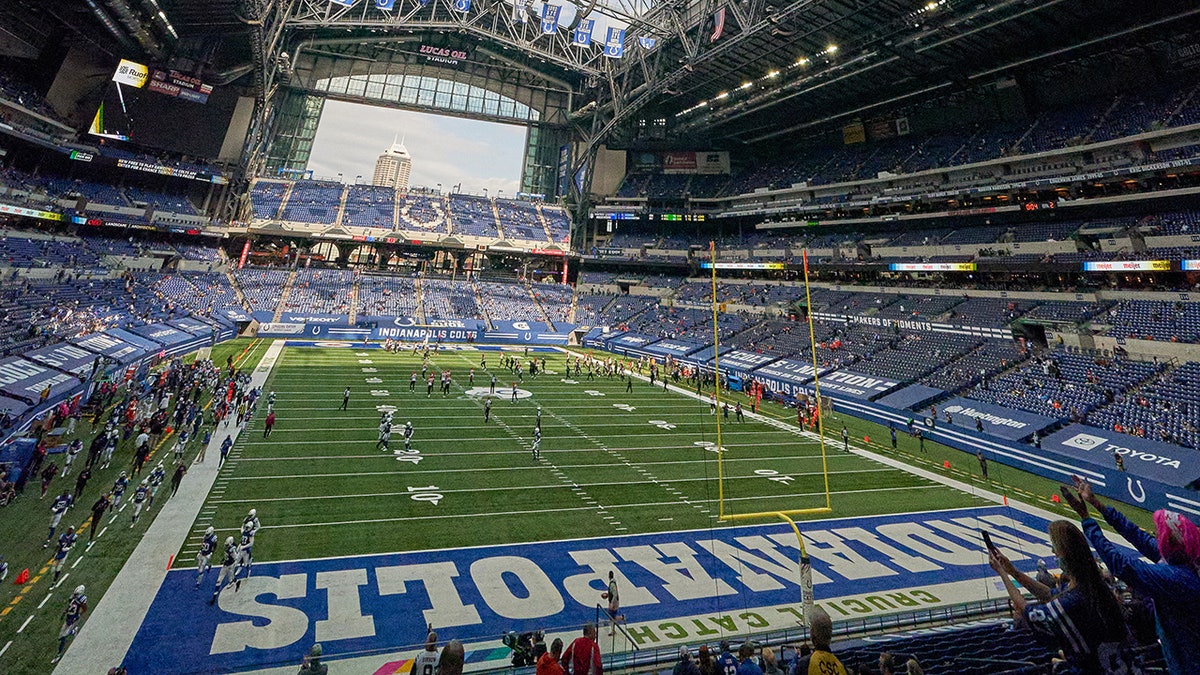 A general view of Lucas Oil Stadium is seen in game action during an NFL game between the Indianapolis Colts and the Cincinnati Bengals on Oct. 18, 2020, at Lucas Oil Stadium in Indianapolis.