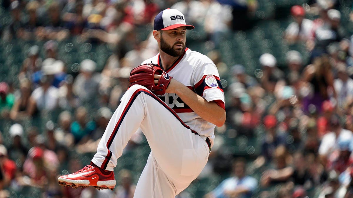 Lucas Giolito throws a pitch during a 2023 MLB game