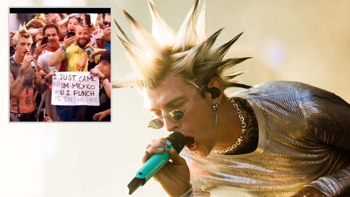 Machine Gun Kelly with long spikes sticking up sings into the microphone looking down, inset a photo of him next to a fan holding a sign asking to be punched