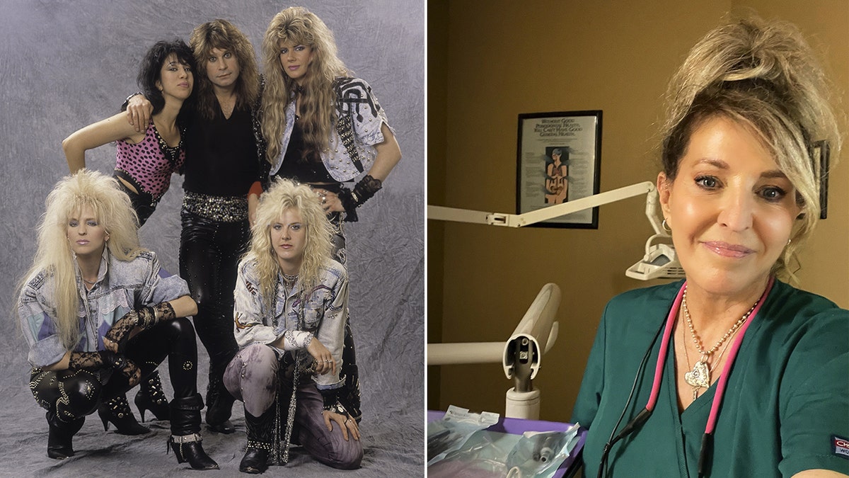 photo of Janet Gardner with band Vixen split a selfie of her as a dental hygienist