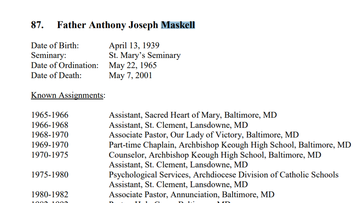 timeline for Father Maskell's clerical career