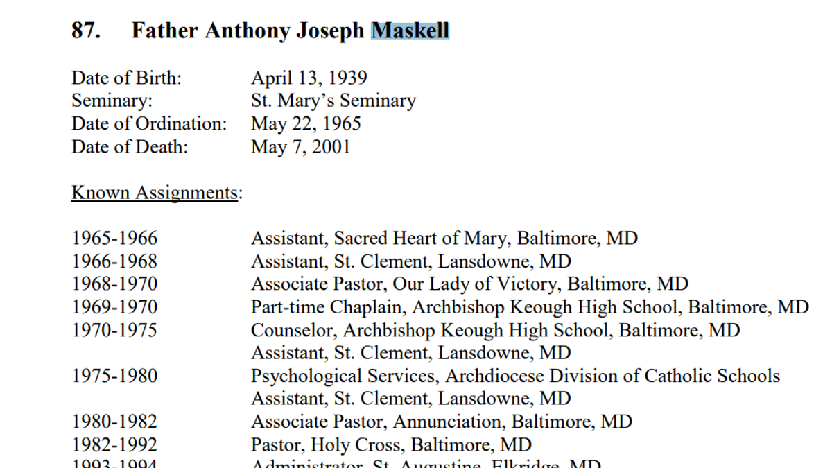 timeline for Father Maskell's clerical career