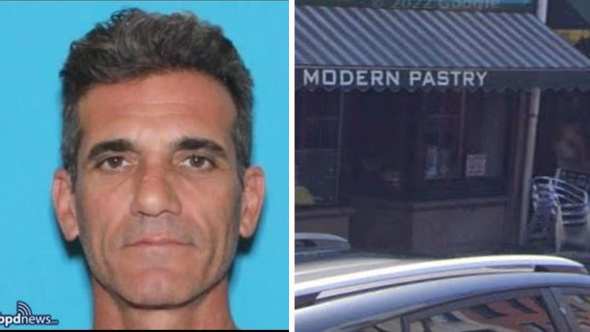 A split of Mendozas mugshot and the façade of Modern Pastry