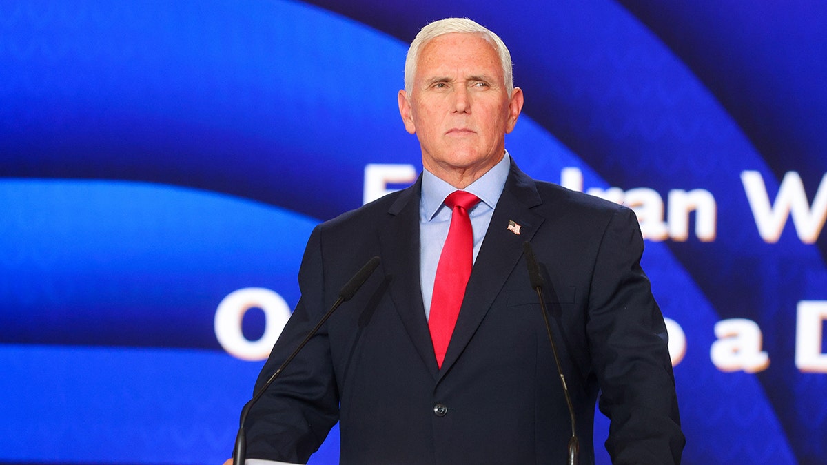 Former Vice President Mike Pence delivers a speech in Paris, France