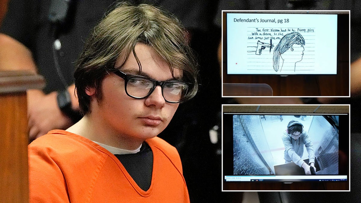 A photo of Ethan Crumbley next to one of his violent drawings and a video of him at a shooting range