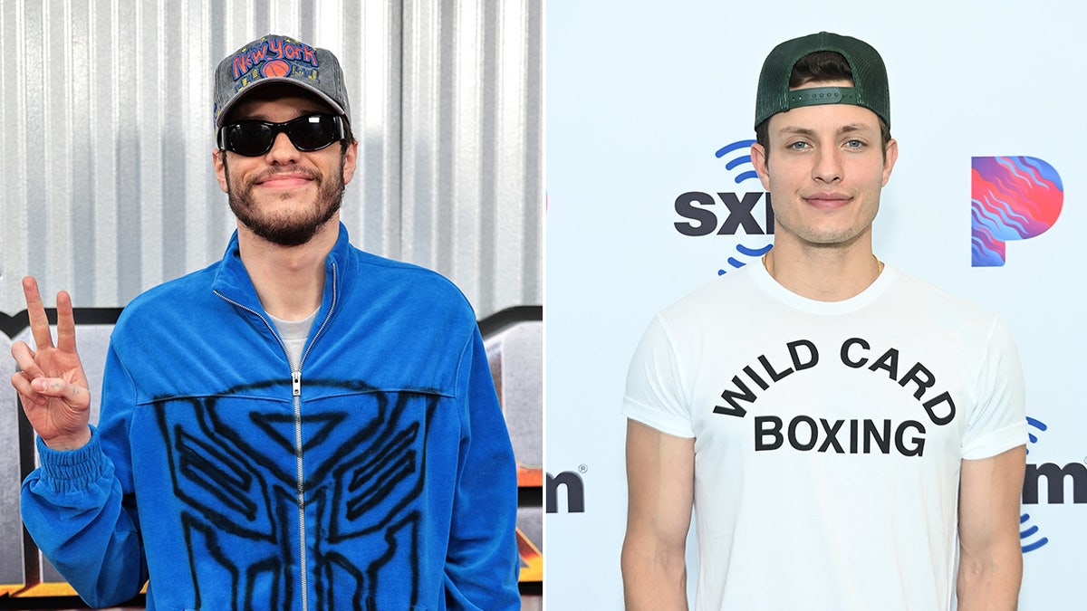 Pete Davidson in a blue jacket and sunglasses and a hat puts up the peace sign split Matt Rife soft smiles in a white shirt