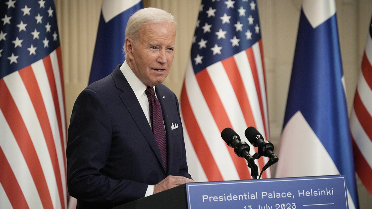 President Biden addresses a joint press conference with Finland's president after the U.S.-Nordic leaders summit in Helsinki on Thursday.