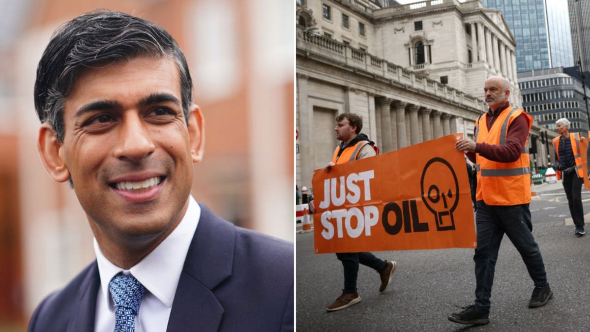 UK PM Rishi Sunak smiles in suit, oil protestors hold signs during protest