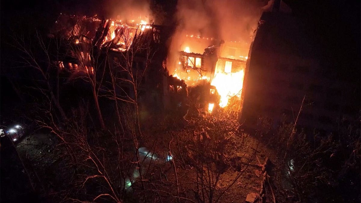 Fire burning building in Ukraine