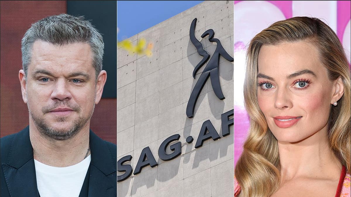 A split photo of Matt Damon, Margot Robbie at the SAG-AFTRA building