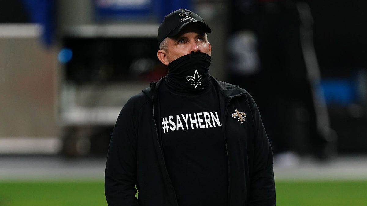 Sean Payton before game in mask