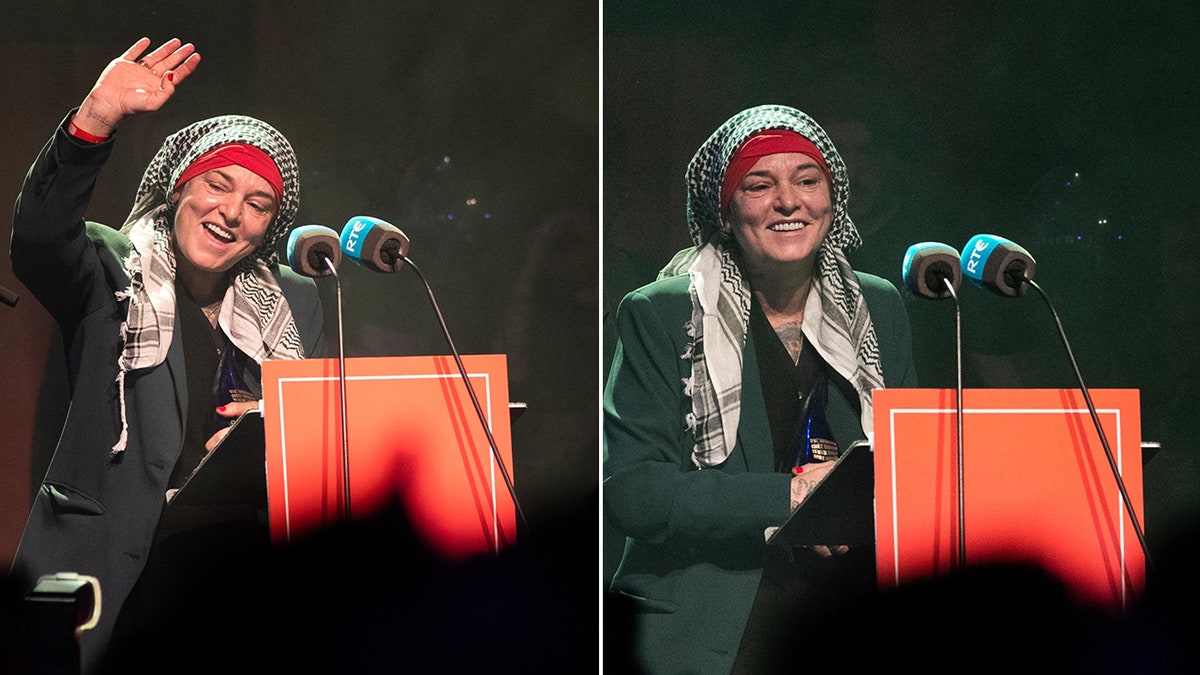 Wearing a headscarf, Sinéad O'Connor waves to fans and smiles in split pictures in Dublin