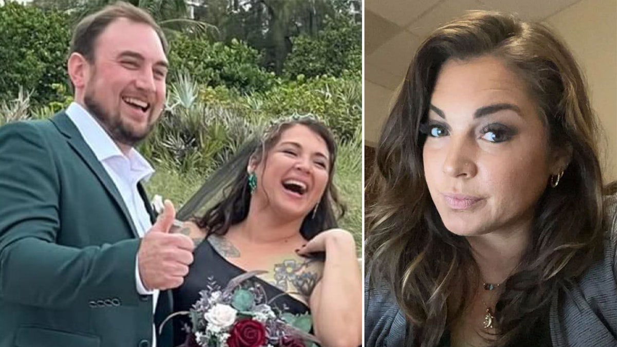 Florida couple smiles as woman holds bouquet.