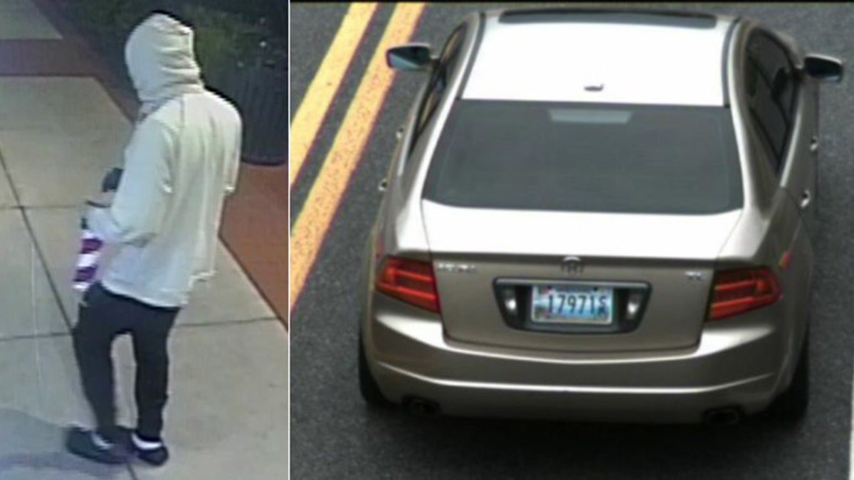 A split image shows the suspect wearing a white hoodie and his gold Acura TL with a Maryland license plate
