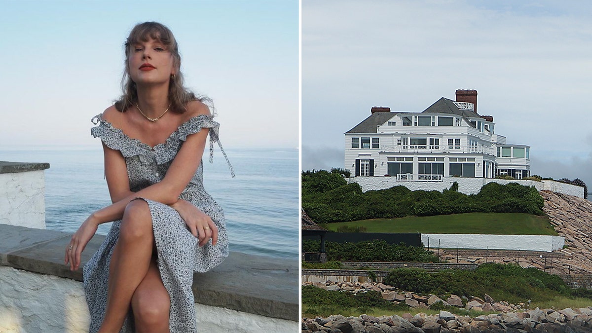 Taylor Swift in a split photo with her Rhode Island home