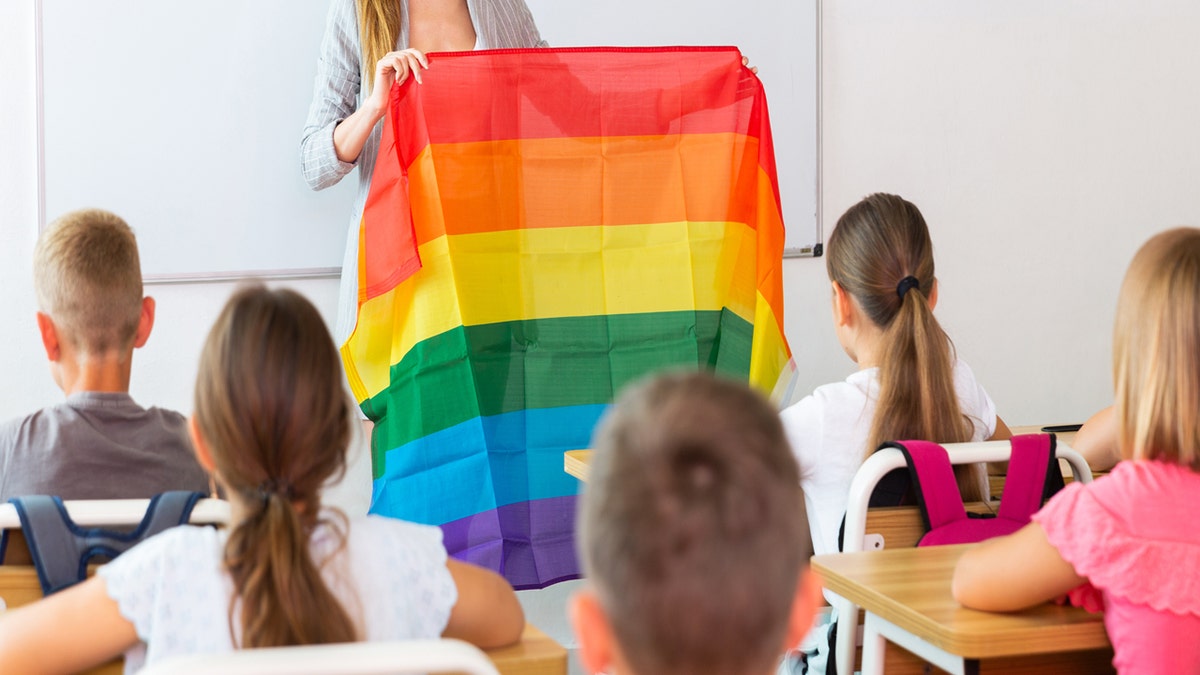 A teacher holding an LGBT flag