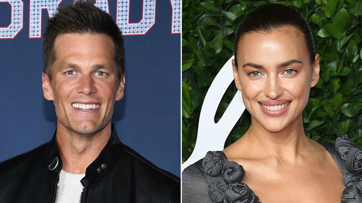 Tom Brady in a black leather jacket on the carpet split Irina Shayk smiles on the carpet