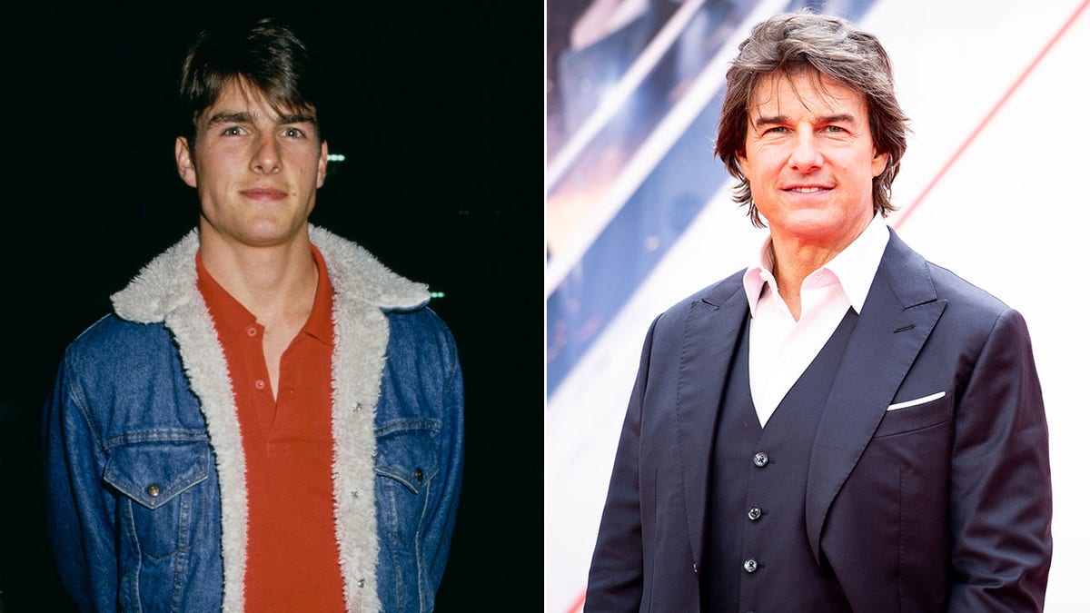 A split image of Tom Cruise in the 80s and now.