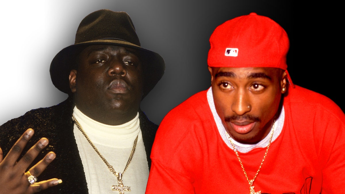 Tupac Shakur wears red shirt and hat and Notorious BIG wears massive gold cross