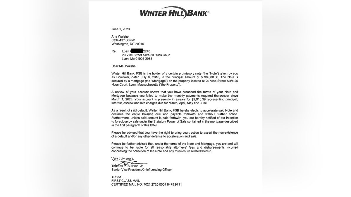 Winter Hill Bank letter