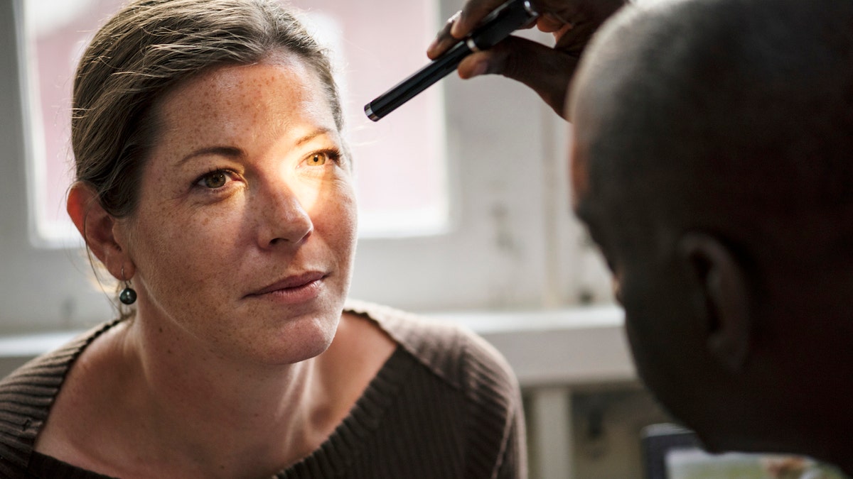 Woman at eye doctor