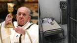 Pope Franics holding up chalice during mass, jail cell with bed and papers