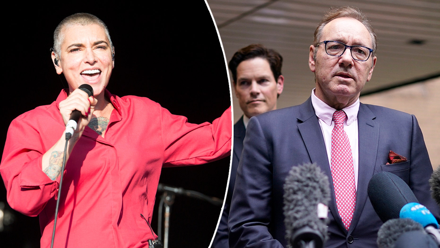 side by side photos of Sinéad O'Connor on stage and Kevin Spacey outside courthouse