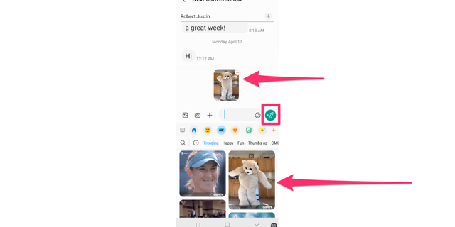 Arrow pointing to GIF and Send button to share