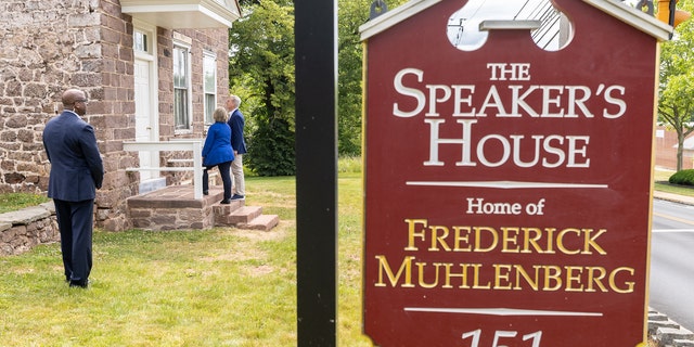 House Speaker Kevin McCarthy enters the home of first-ever House Speaker Frederick Muhlenberg in Trappe, Pennsylvania with Lisa Minardi of Historic Trappe.