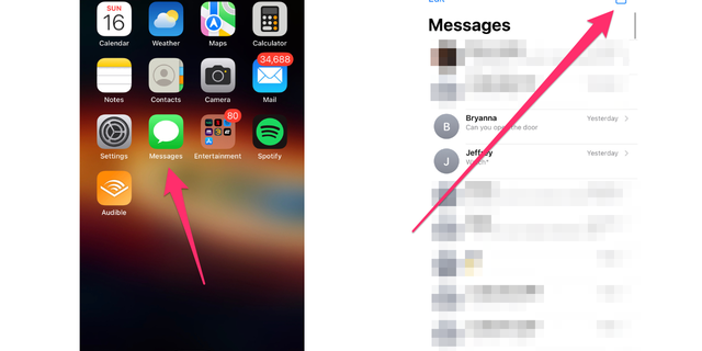 سهم يشير إلى تطبيق الرسائل على iPhone وسهم آخر يشير إلى أيقونة الكتابة