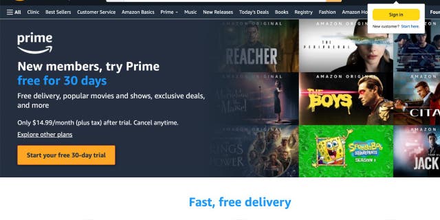 Yeni üyelikler için Amazon Prime web sitesi