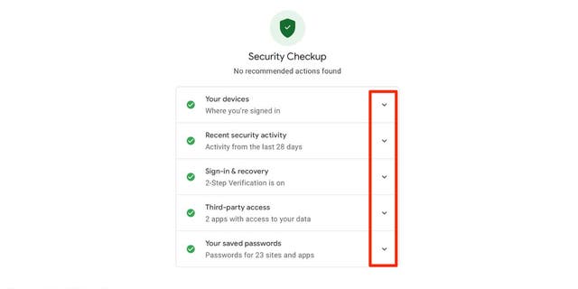 Screenshot of the Google Security Checkup screen.