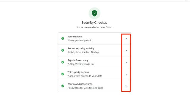Screenshot of the Google Security Checkup screen.