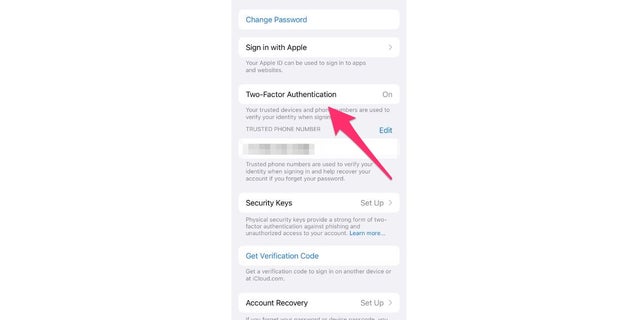 iPhone'daki Parola ve Güvenlik ayarları, ok İki Faktörlü Kimlik Doğrulamayı gösteriyor