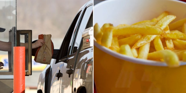 Left: Someone receives fast food drive-thru order. Right: Cup of French fries.