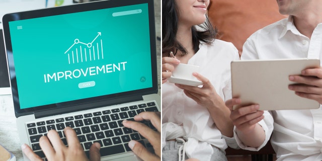 Left: Person looks at performance improvement screen. Right: Couple talks while reviewing tablet.