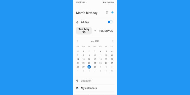 Captura de pantalla del calendario de Android.
