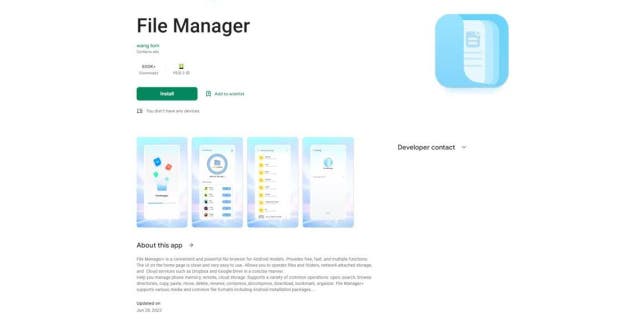 Google Play Store'daki Dosya Yöneticisi ekranının ekran görüntüsü.