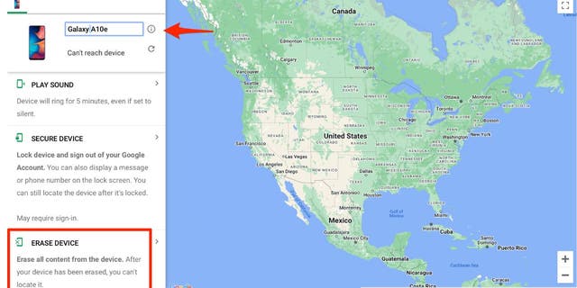 Find My Device showing a map of North America