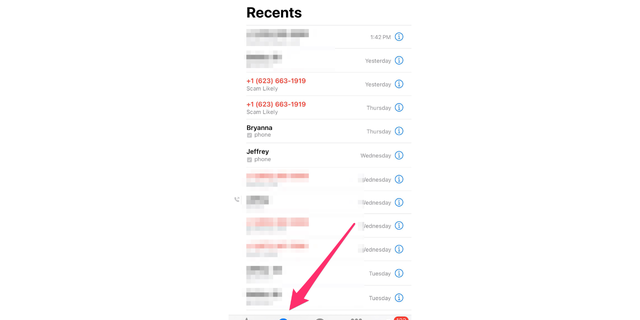 Screenshot of iPhone call log 