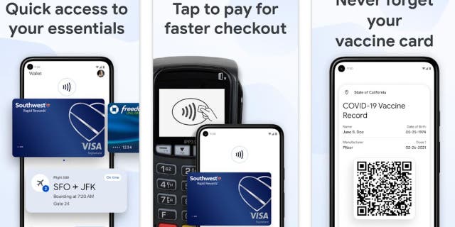 The Google Wallet App shown on an Android with different features including cards and health passes