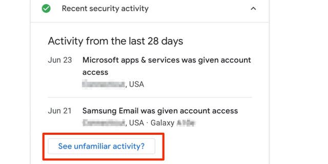 Screenshot of the Recent Security Activity screen.