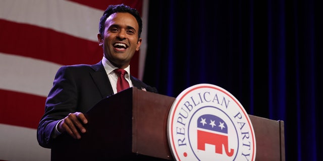 Vivek Ramaswamy at lectern at Iowa GOP event