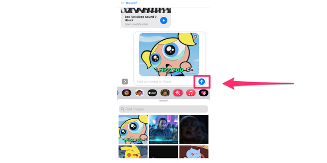 Arrow pointing to the send button once you select the GIF