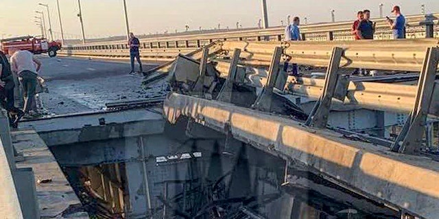 A hole in the bridge connecting Russia and Crimea