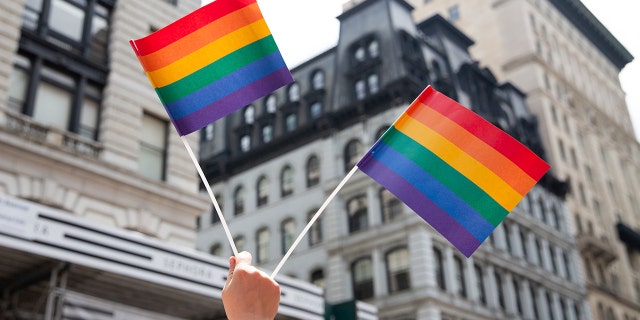 An attendee holds up flags