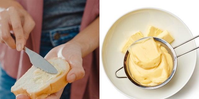 Left: Person butters toast. Right: A glob of butter in a strainer.