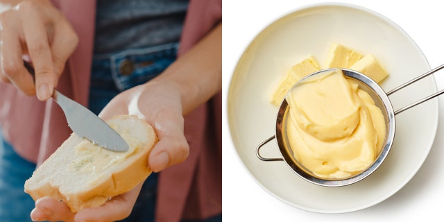 Left: Person butters toast. Right: A glob of butter in a strainer.