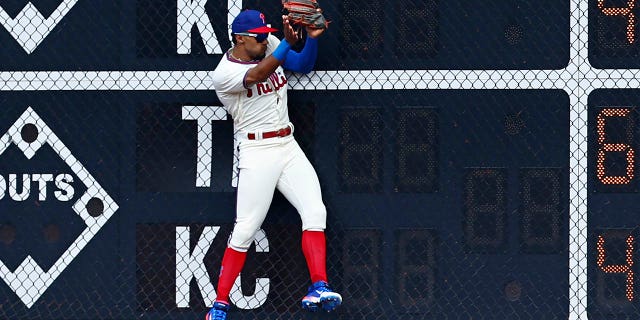 Johan Rojas makes a catch during a Phillies game